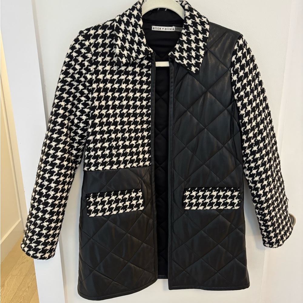 Alice + Olivia Black & White Houndstooth Quilted Faux-Leather Coat